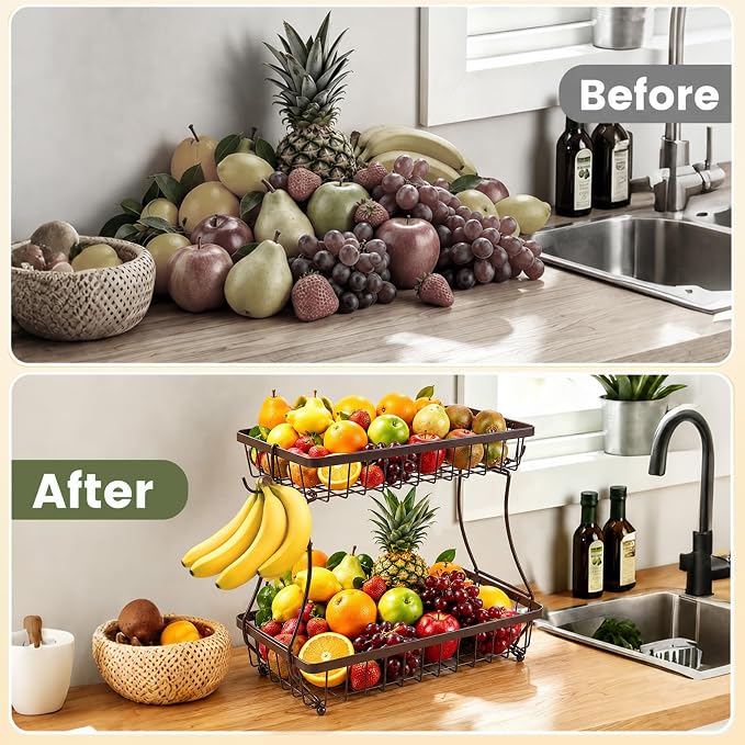 2-Tier Fruit Basket for Kitchen Counter with 2 Banana Hangers | Large Metal Fruit Bowl, Versatile Holder for Veggies, Produce Storage, 12.5"×7.5"×12"-Bronze - Image 5