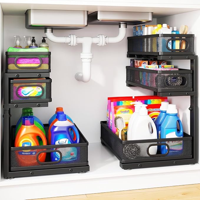 Under Sink Organizer, 3 Tier Pull Out Cabinet Organizer with 5 Adjustable Heights, Metal Under Sink Storage with Sliding Drawers for Kitchen, Bathroom, Pantry and Laundry Room, 2-Pack Black by GUUKAR