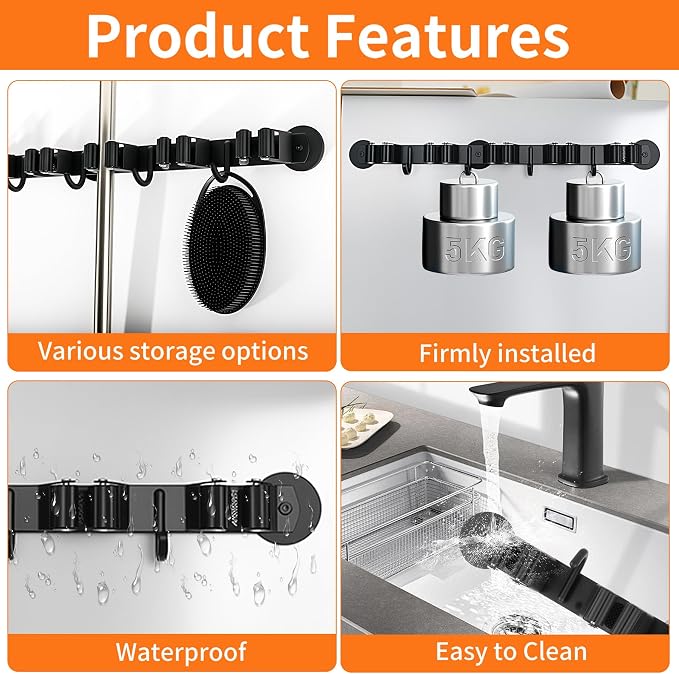 Magnetic Broom Holder Wall Mount with 4 Hooks and 5 Rack- Heavy Duty Non-Slip Mop Hanger for Wet Mops&Cleaning Tools on Refrigerator,Metal Door,Garage,Kitchen,Laundry Room - Image 6