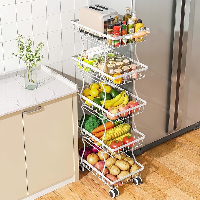 SAYZH 5-Tier Fruit Basket Stand with Vegetable Baskets for Kitchen, White | Stackable Metal Wire Basket, Sturdy Rolling Storage Carts for Kitchen, Pantry Organizer, Snack and Jar Storage by SAYZH