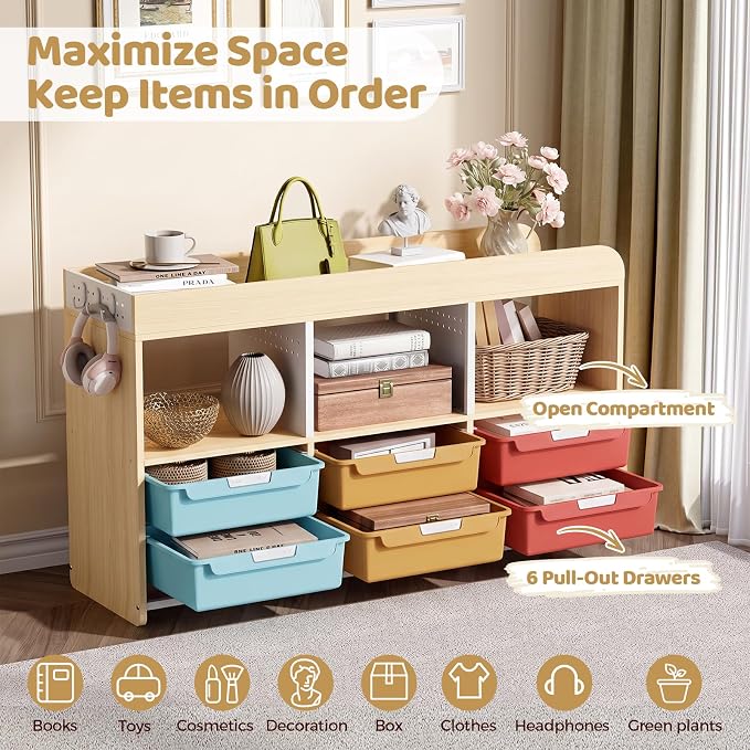 Classroom Storage Organizer with 6 Bins, 3 Shelves and Pegboard, Rainbow | 6 pull-out bins, 3 open cubbies, child-height access, easy-clean storage for Kid room,playrooms, classrooms and craft rooms - Image 3