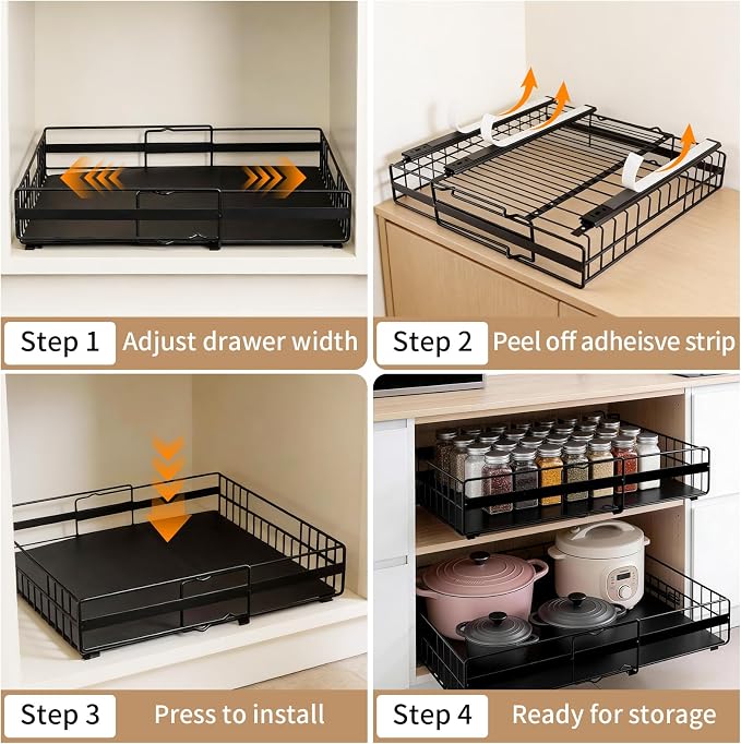 2 Pack Expandable Pull out Cabinet Organizer, Width (13"-21") 22" Deep Pull Out Drawers for Cabinets, Upgrade 3 Slide Rails Slide Out Drawers, No Drill Adjustable Roll Out Shelves (Black) - Image 4