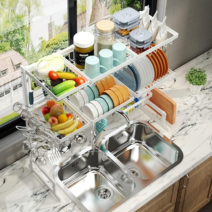 PUSDON Over Sink Dish Drying Rack Stainless Steel, Adjustable Large Dish Drainer for Storage Kitchen Organization White 3 Tier - Standard(34"-46") - Image 3