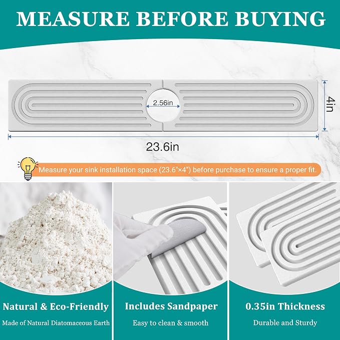 Stone Faucet Mat for Kitchen Sink - Quick Dry Diatomite Sink Splash Guard, Prevents Moisture Buildup & Water Stains, Water Absorbing Stone Tray for Bathroom Countertop (White, 23.6" x 4") - Image 3