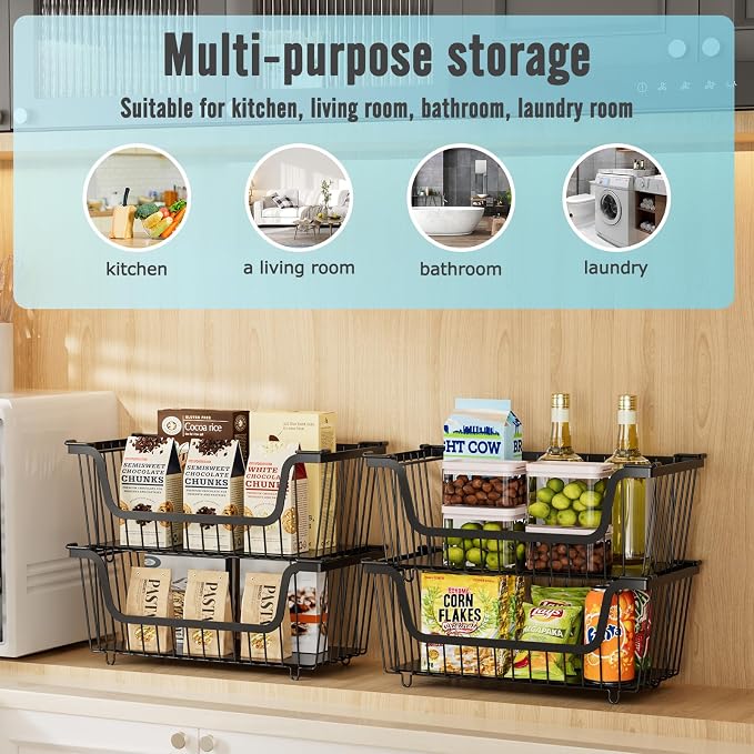 4 Pcs Stackable Wire Baskets Pantry Organizers and Storage Bins,Black | Breathable Metal Design with Rotating Handle,Idea for Potato Onion Fruit Snack Veggie Kitchen Countertop Freezer Organization - Image 6