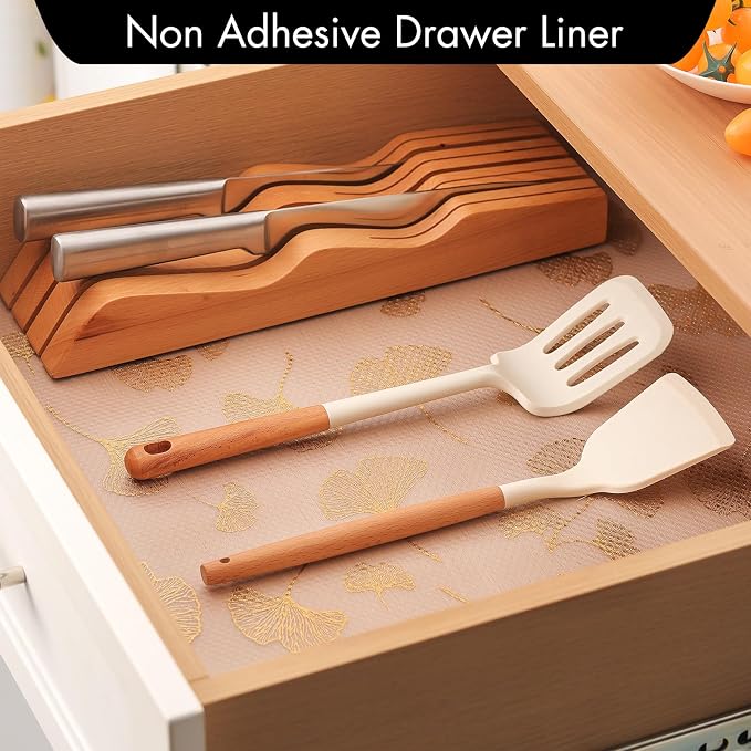 Cooyes Shelf Liner, Non Adhesive Drawer and Cabinet Liner, EVA Washable Oil-Proof Shelf Paper for Kitchen Cabinets, Refrigerator, Storage, Desks with Modern Pattern （Gold Ginkgo，23.6" W x 118" L） - Image 2