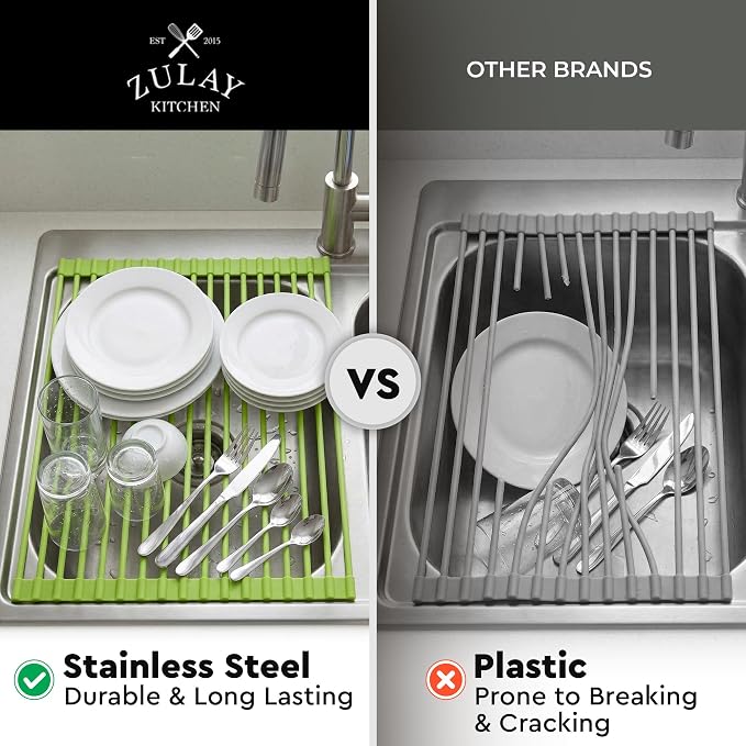 Zulay Kitchen Large Roll Up Dish Drying Rack - Heavy Duty Silicone Wrapped Steel Rods Over Sink Dish Drying Rack - Versatile Roll Up Sink Drying Rack & Trivet - Green,20.5 inches x 13 inches - Image 9