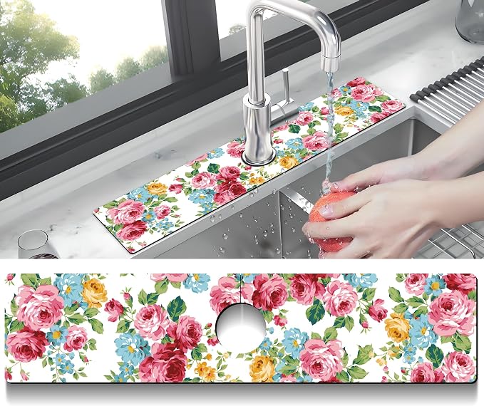 Kitchen Sink Splash Guard Faucet Mat Super Absorbent Fast Drying Mat Sink Gadgets Splash Guard Behind Faucet Drip Catcher for Kitchen (Pink Red Roses Floral, 23.5x5.5in) - Image 2
