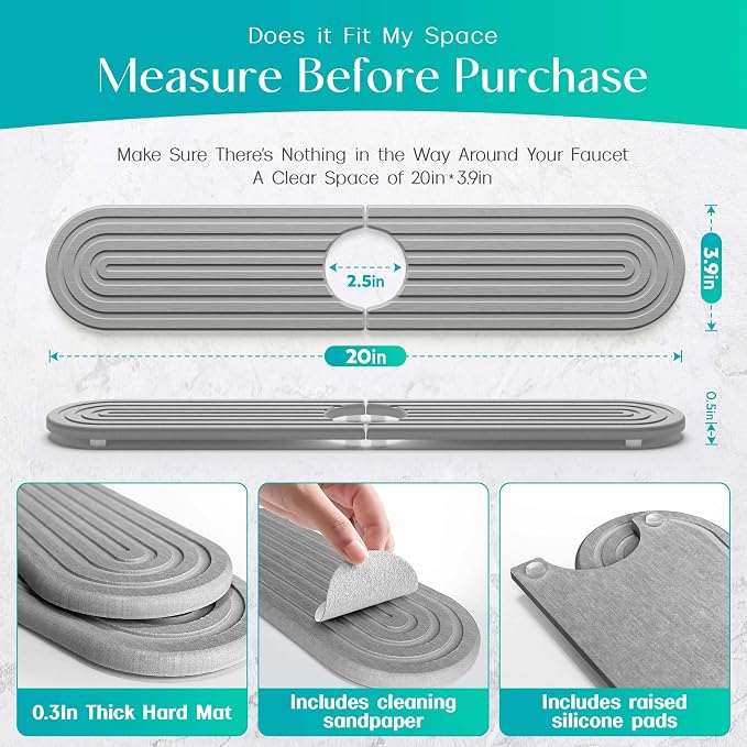 Stone Faucet Mat for Kitchen Sink – Diatomite Fast-Drying Stone Tray, Faucet Mat Sink Splash Guard, Decorative Sink Protector for Kitchen Bathroom Counter (Grey, 20''x3.9'') - Image 4