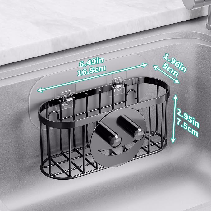 HapiRm Sink Caddy Sponge Holder - 2 Installation Ways Kitchen Sink Organizer with Smiley Face Sponge Holder, Stainless Steel Kitchen Caddy - Black - Image 5