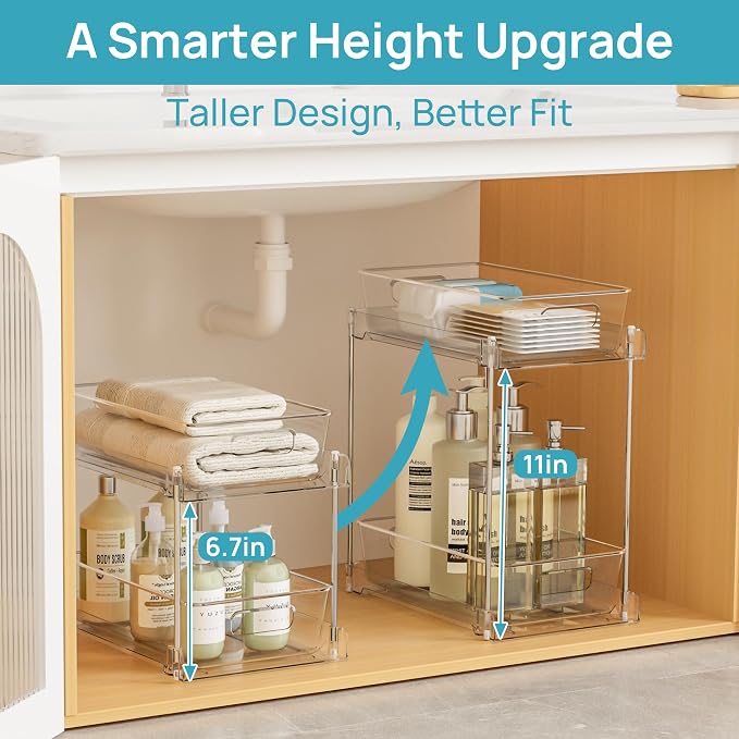 Vtopmart 2 Pack Taller Pull Out Bathroom Under Sink Organizer (S-Higher) | Slide-out drawers, Multi-purpose storage, Clear visibility, Easy Set-up - Image 3