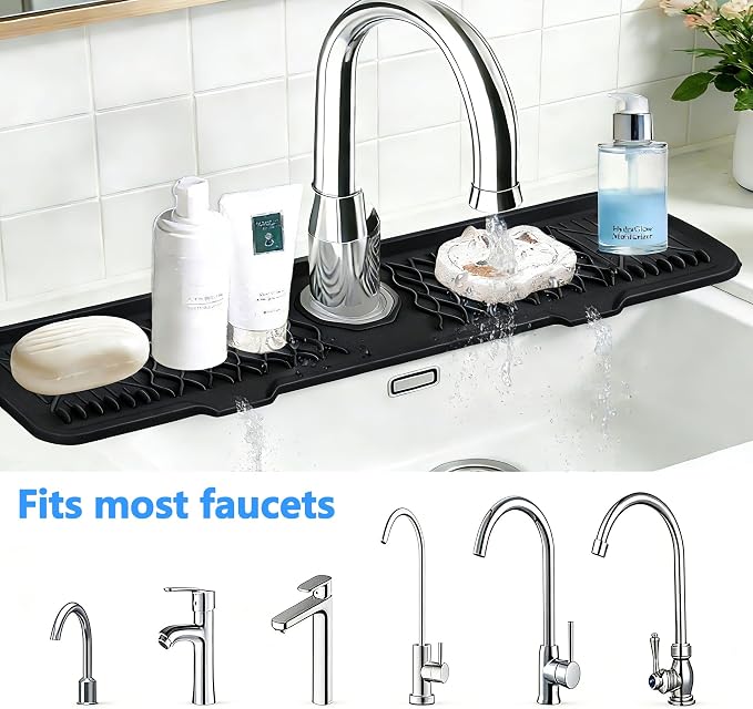 24 Inch Silicone Faucet Mat for Kitchen Sink, 7° Slope Fast Self-Draining Sink Splash Guard, Kitchen Sink Water Catcher Organizer, Kitchen Sink Accessories (Black, 24''x5.6'') - Image 3