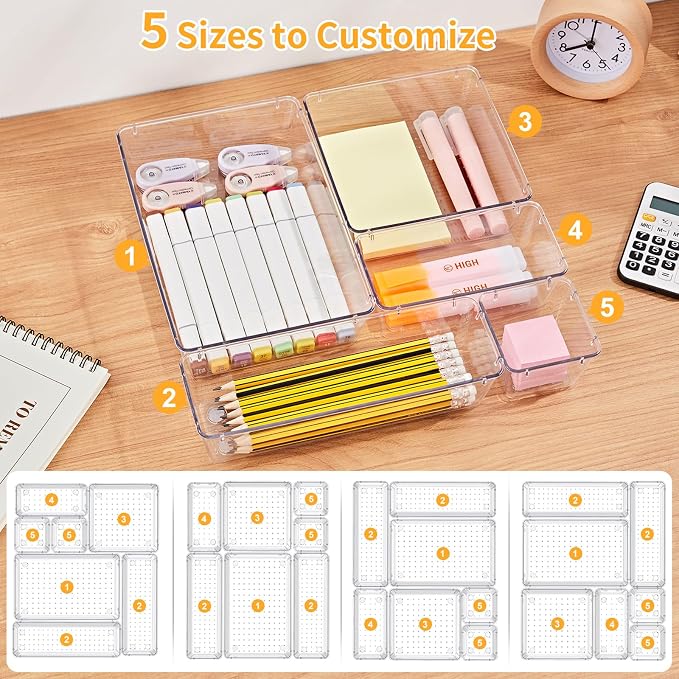 SMARTAKE 13-Piece Drawer Organizers with Non-Slip Silicone Pads, 5-Size | Clear Desk Bathroom Drawer Organizer Trays Storage Tray for Makeup, Jewelry, Utensils in Bedroom Dresser, Office and Kitchen - Image 8