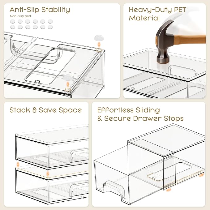 Stackable Storage Drawers, 3 Pack Clear Acrylic Makeup & Bathroom Organizer, Versatile Storage Bins for Vanity, Under Sink, Kitchen Cabinets & Pantry - Image 4