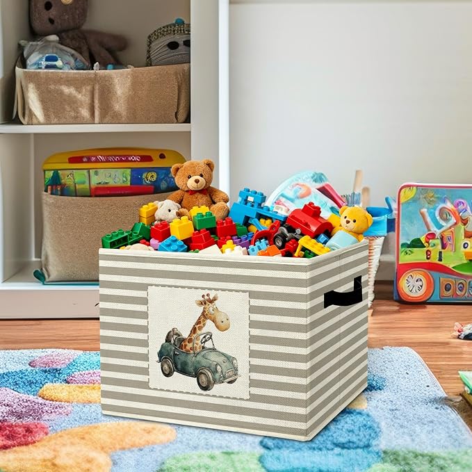 Rustic Giraffe Vehicle Storage Bins Boxes Handles | grey striped nursery foldable basket for organizing bedroom toddler playroom - Image 2
