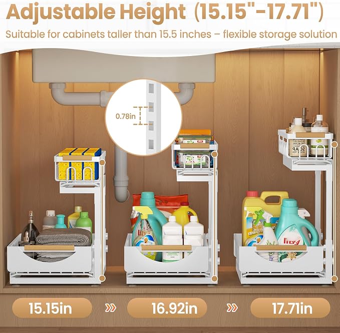 Under Sink Organizer and Storage for Bathroom and Kitchen - 2 Pack 2 Tier | Cabinet Pull Out Shelf Organizers - Slide Out Drawer Organization for Home Cabinets Shelves and Drawers - Image 3