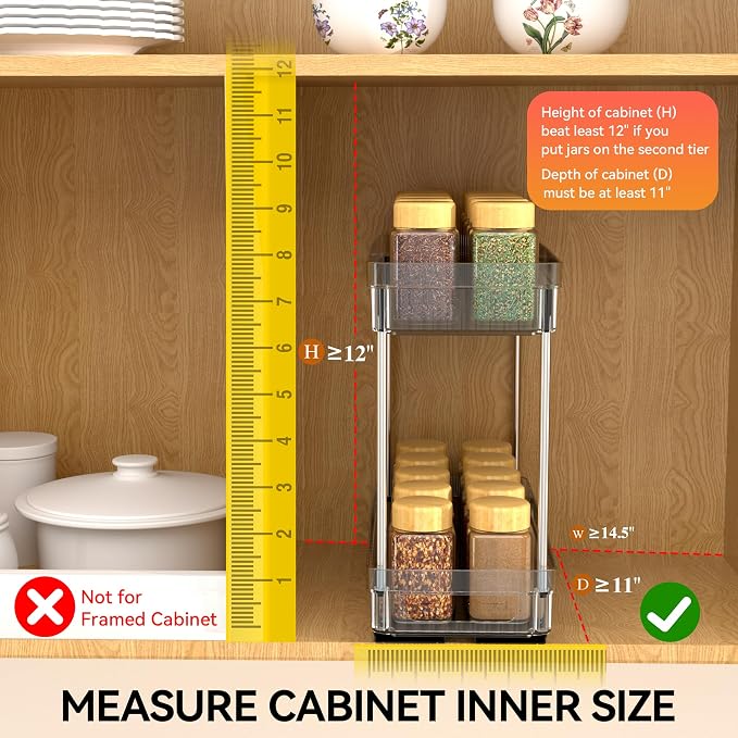 DABIGE 3 Pack Pull Out Spice Rack Organizer for Cabinet, 2 Tier Slide Out Spice Racks Organizer, Spice Cabinet Organizers, Cabinet Size Need:12'' High x 11'' Deep x 5'' Wide, Clear Acrylic - Image 5