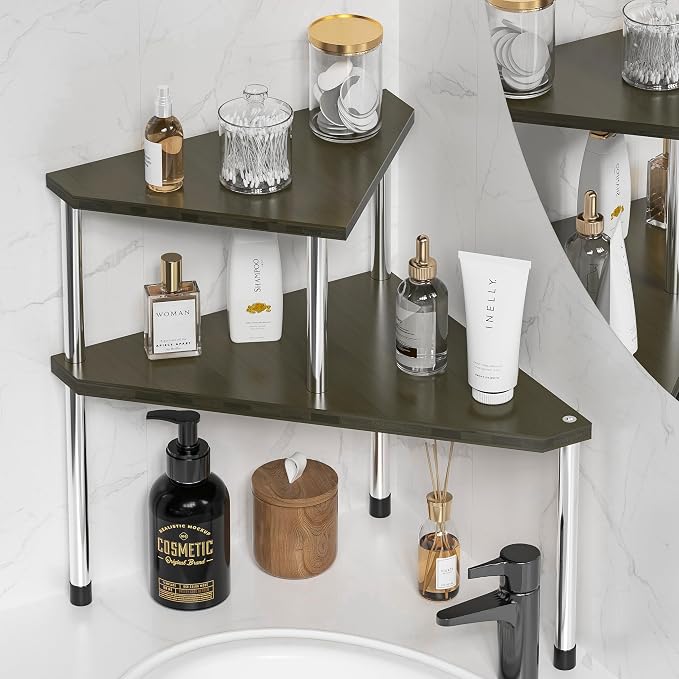 Weenson Bathroom Counter Organizer Corner Shelf - 2 Tier Bathroom Organization Bamboo Bathroom Sink Shelf Kitchen Countertop Organizer Adjustable Free-Standing Counter Storage Shelf(Antique) by Weenson