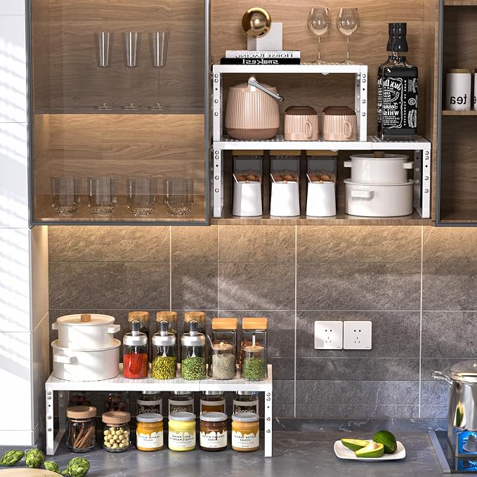 Expandable Adjustable Stackable Kitchen Organizer,Pantry Storage Shelves Racks,for cabinets Shelf, Kitchens, countertops, bathrooms,RV(2Packs/White,Medium) - Image 7