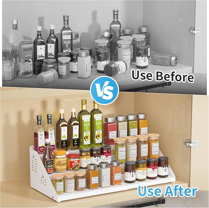 BOIVSHI 3 Tier Expandable Spice Organizer for Cabinet, White | Metal Shelves with Adjustable Height Spice Storage for Kitchen Countertop, Olive Oil and Soy Sauce for Pantry Organization - Image 8
