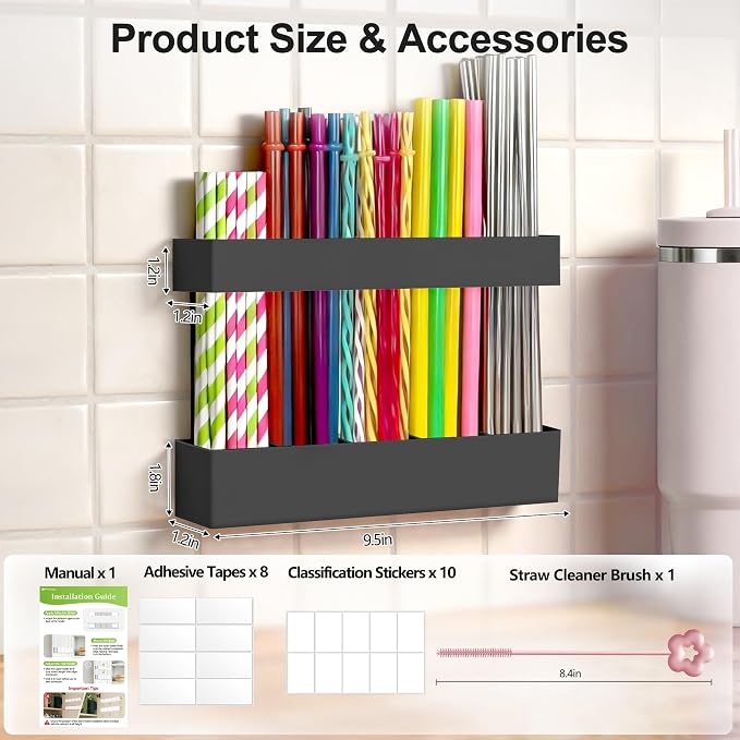 9.5” Large Acrylic Straw Holder for Cabinet Door, Adjustable Two-Part | Reusable Straws Organizer with Ultra Sticky Adhesive Strips, 2026 Straw Storage for Kitchen Cupboard (Black) - Image 8
