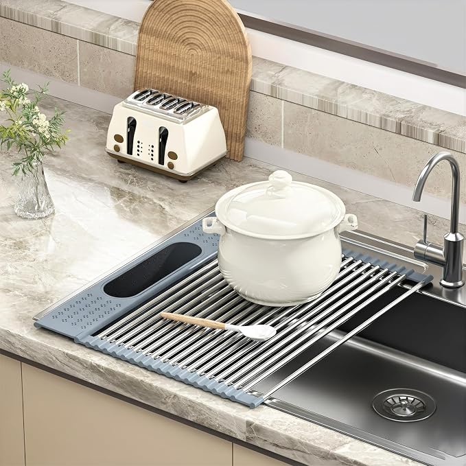 Roll Up Dish Drying Rack Over Sink, 17.5" x 15.2" Foldable SUS304 Stainless Steel Kitchen Dish Drainer, Heat-Resistant Multipurpose Rolling Sink Rack Organizer,Grey - Image 7