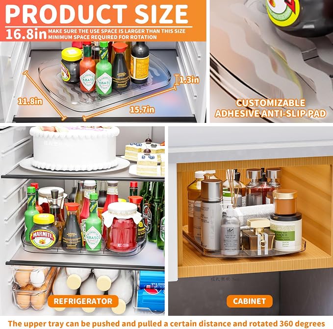 Clear Refrigerator Lazy Susan Turntable,15.7''x11.8'',Rectangular Fridge Turntable Organizer,Large Rotating Fridge Tray for Kitchen,Countertop,Pantry,Cabinet,Jars and Condiment Organizer,2 Pack - Image 2