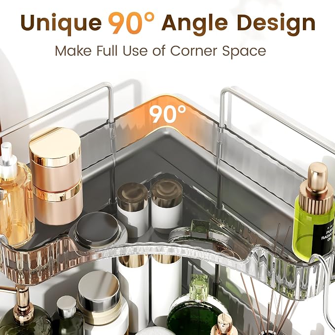 Bathroom Counter Organizer 3-Tier Corner Organizer with Hooks | Gray PET Counter Storage, Multi-Purpose for Bathroom Skincare & Kitchen Organization - Image 3