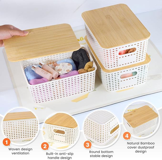 Ohmlove 6 Pack Plastic Storage Baskets with Bamboo Lids for Organization | Stackable Storage bins, Storages Baskets for Organizing Shelves Drawers Desktop Closet Playroom Classroom Office, Cream White - Image 3