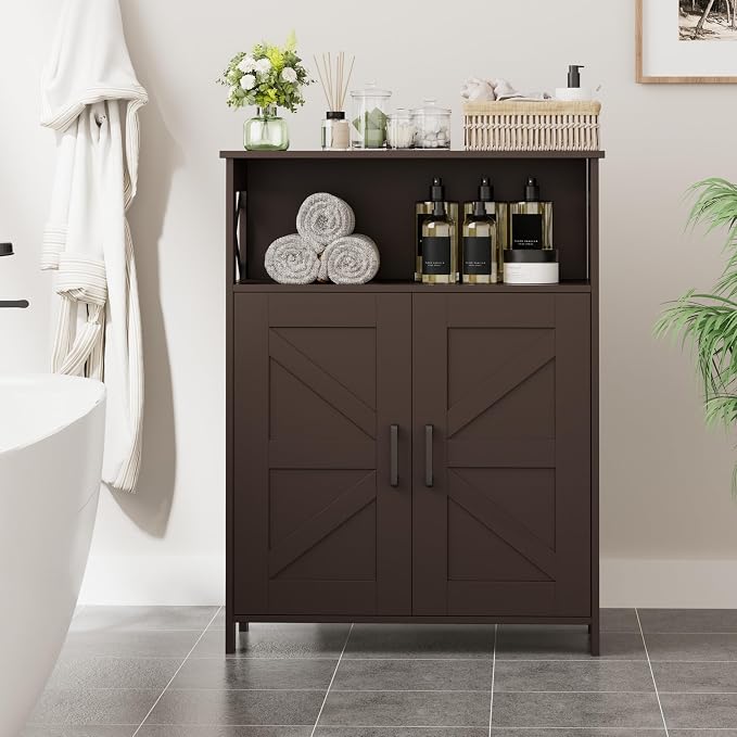 Homhedy Farmhouse Bathroom Storage Cabinet with Doors, Small Floor Cabinet | Toilet Paper Cabinet with Adjustable Shelf, Freestanding Storage Cabinet for Kitchen/Laundry/Living Room, 24"W, Brown - Image 9