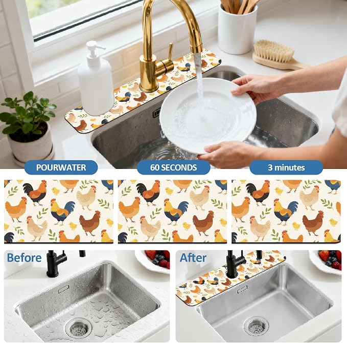 2 Pcs Kitchen Sink Splash Guard Faucet Mat Cute Rooster Faucet Mat for Sinks Leaves Pattern Absorbing Drying Mats for Kitchen Bathroom, 23.6x5.5inch - Image 5