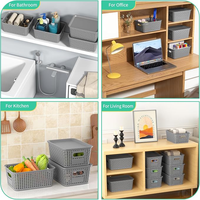 8 Pack Plastic Storage Baskets,Grey Stackable Bins with Lid | 5.3qt Storage Containers with Labels for Organizing Shelves Drawers Desktop Closet Playroom Classroom Office - Image 7