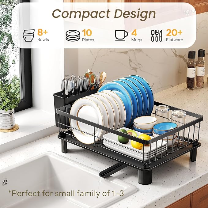 SNTD Dish Drying Rack for Small Kitchen Counter, 11" W x 15" L, Black | Space Saving, Rotating Spout & Angled Drainboard for Quick Drainage, Stainless Steel, Removable Utensil Holder - Image 3