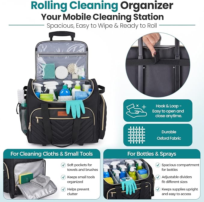 INSMEER Cleaning Caddy with Wheels,3 Removable Clear Bag and 1 Shoulder Bag | Large Cleaning Cart on Wheels,Water Resistant Cleaner Supplies Organizer with Wheels for Kitchen, Tool Organizer - Image 8