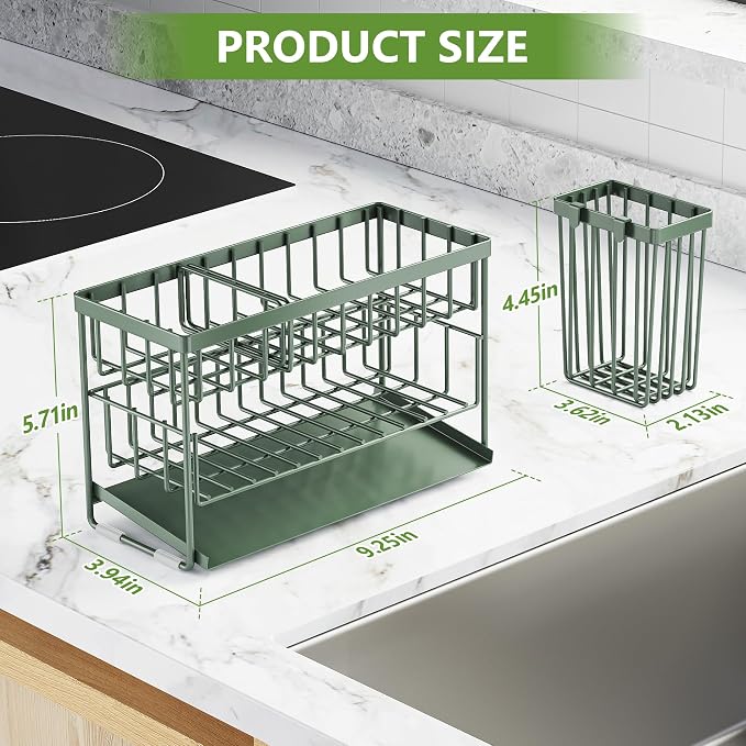 Cisily Sage Green 2-Tier Kitchen Sink Caddy Organzier Rack with Flexible Dish Brush Holder, Sponge Holder for Kitchen Sink Countertop Organization Storage, Home Decor - Image 2
