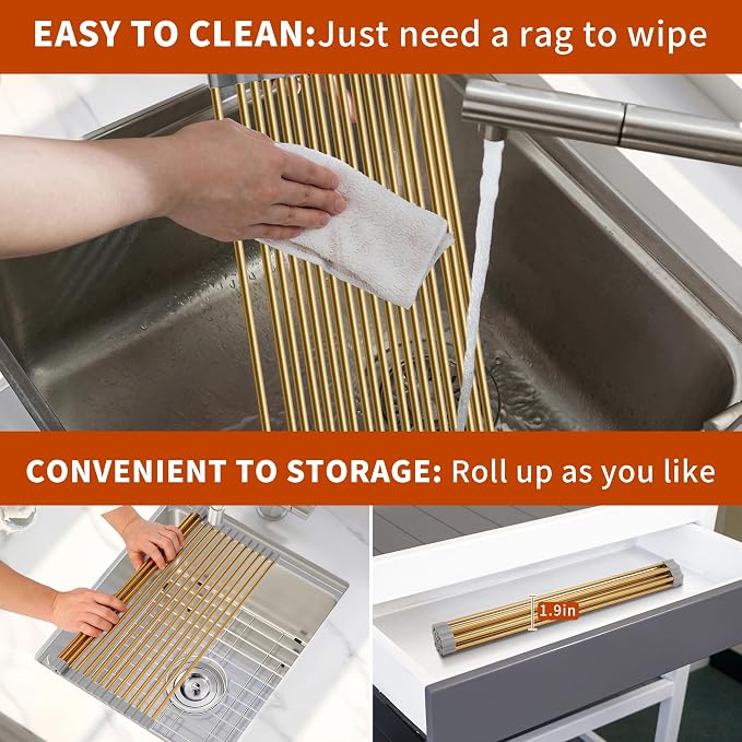 Golden Roll-UP Dish Drying Rack-Large Stainless Steel Dish Drainer Over The Sink for Kitchen Countertop, Applicable for Sink Width Less Than 16.5in (Gold,17.8'x 15.7') - Image 5