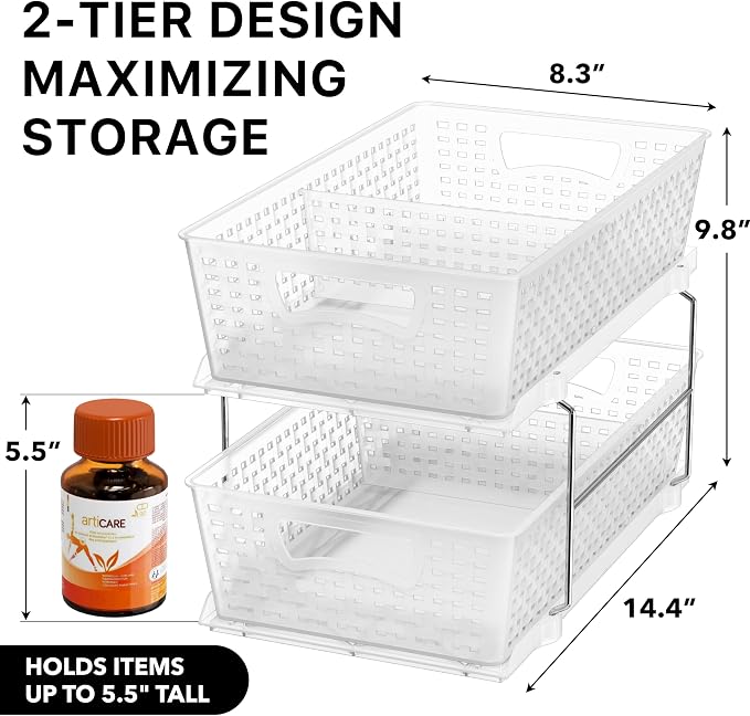 Simple Houseware 2 Tier Pull-Out Sliding Drawer Under Sink Storage, Clear | Great for Kitchen Bathroom Tray Shelf Organizer - Image 2