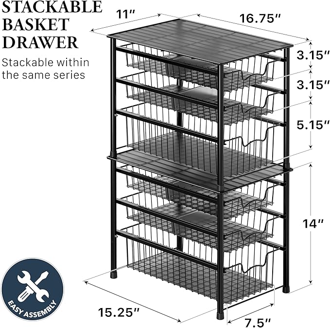 Simple Houseware Stackable 3 Tier Sliding Basket Organizer Drawer, Black (Pack of 2) - Image 2