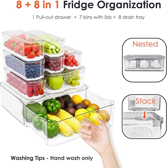 SMRCAD 8 Pack Clear Fridge Organizer Bins with Drain Trays - Stackable | BPA-Free PET, 8 Pack: 1 Drawer + 7 lidded Bins, Helps Keep Produce Fresh, 18.3L Capacity, Hand Wash Only - Image 7