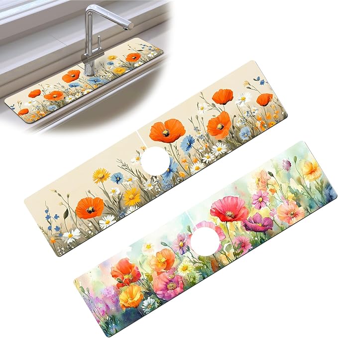 Bimkole 2 PCS Faucet Absorbent Mat, Kitchen Faucet Sink Splash Guard Wraparound Cloth Pads Drip Catcher for Sink Faucet for Kitchen Bathroom Faucet, Colorful Faucet Mat, 15 x 4 Inch Flower A5 by Bimkole