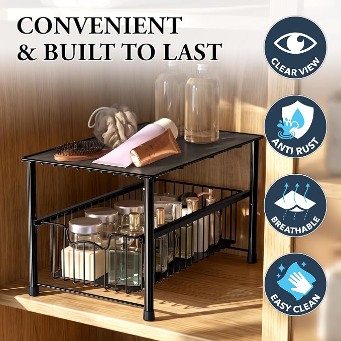 Simple Houseware Wired Stackable Under Sink Cabinet Sliding Basket, Black | Free Standing Organizer Drawer, Kitchen/Pantry/Cabinet/Counter - Image 5