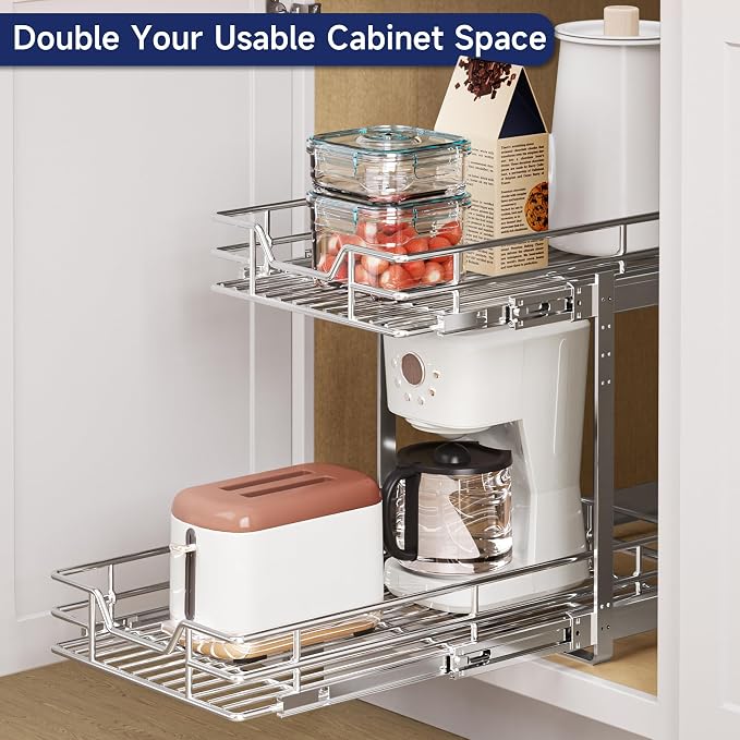 2-Tier Pull Out Cabinet Organizer, 12.5" W x 21.5" D, Heavy Duty Dual Slide Out Shelves for Narrow Base Cabinets, Chrome Wire Basket Drawer for Spices, Bottles & Snacks - Image 8