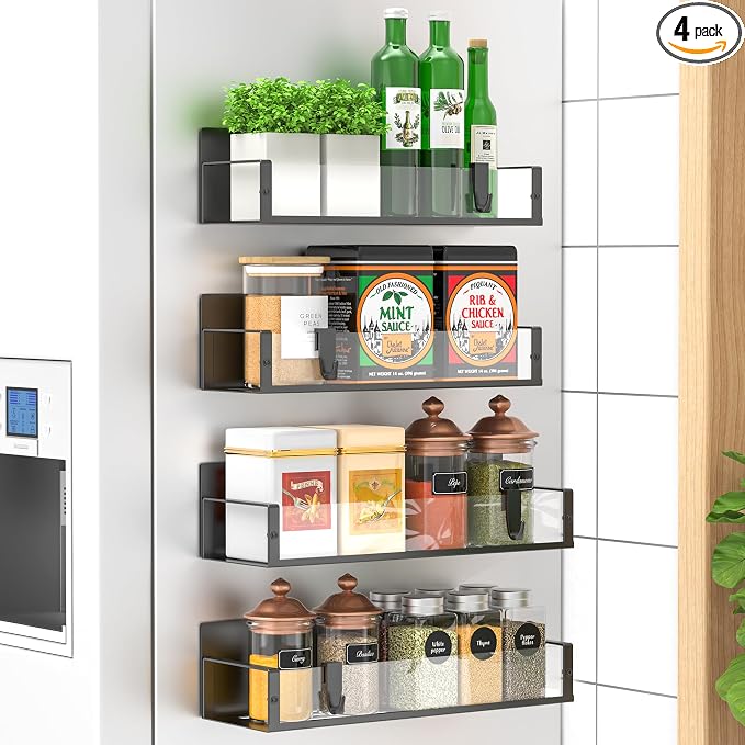 Metal Magnetic Spice Rack for Refrigerator Clear, 4 Pack | Magnetic Shelves Heavy Duty for Fridge in Kitchen, Seasoning Storage Organizer, For Oven Washer and Dryer, For Heavier Items by HuggieGems
