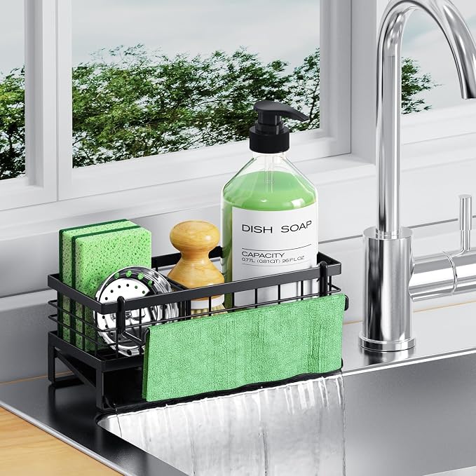 Self-Draining Kitchen Sink Caddy, Rustproof Non-Slip Metal Sponge Holder with Detachable Dish Cloth Holder (Black) by DYFVRENKITCHENLIFE