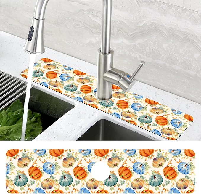 Thanksgiving Colorful Pumpkin Dish Drying Mat for Kitchen Sink Splash Guard Behind Faucet Sink Mat Absorbent Fast Drying Faucet Draining Mat for Bathroom Kitchen 5.5"×24" - Image 4