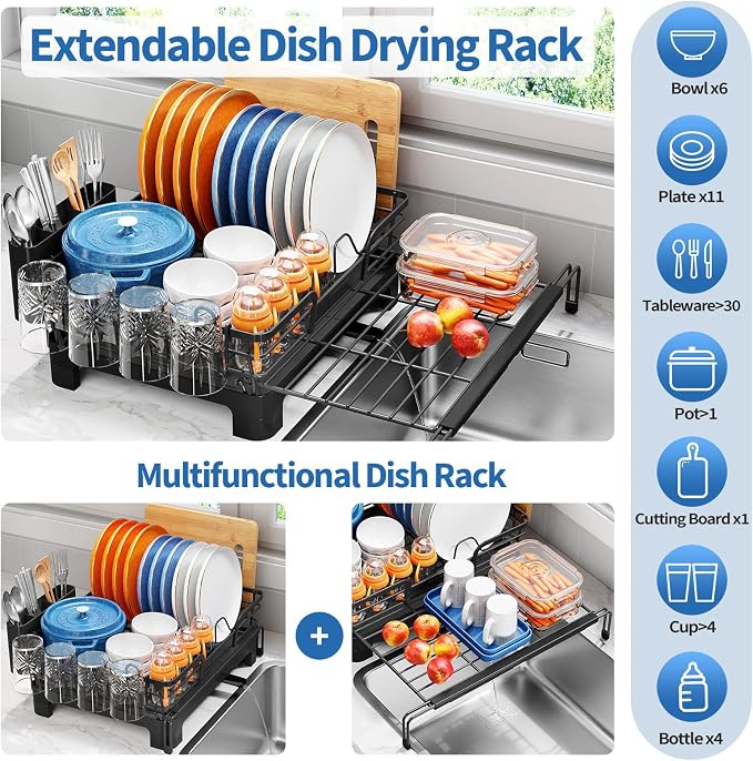 TOOLF Expandable Over The Sink Dish Drying Rack for Kitchen Counter, Black | Extend 12.56"-23.97"L,Stainless Steel & PP,Cups & Cutting Board Holder,Removable Utensil Holder,Adjustable Feet Fit Most Sink - Image 2