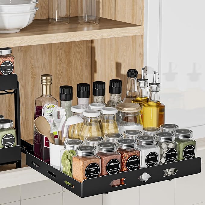 BOIVSHI Pull Out Spice Rack for Cabinet, 12.6" Wx10.5 Dx2.8 H | Metal Heavy Duty Spice Rack Easy to Assembly, 1 Tier Spice Organizer to Save Cabinet Space, Noise-Free Sliding Seasoning Rack by BOIVSHI