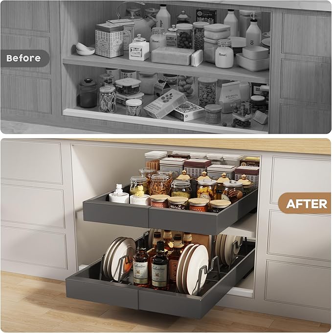 Seinloes 4 Pack Pull Out Cabinet Organizer 21" Deep with Raising Pad for Framed Cabinets, Expandable (9"-14" W) Slide Out Drawers for Kitchen Cabinets with 4pcs Divider Racks, Roll Out Shelves, Black - Image 4