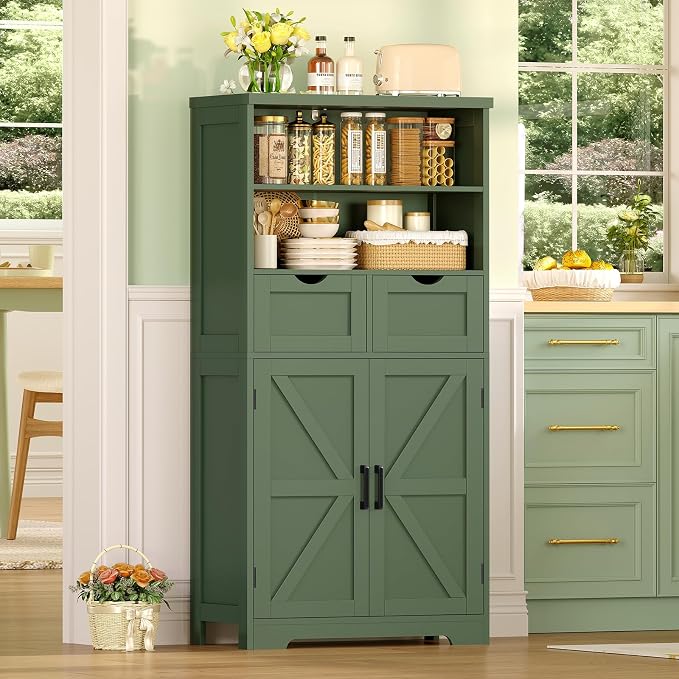 Bathroom Cabinet with Adjustable Shelf & 2 Drawers, Farmhouse Storage Cabinet with 2 Doors, Kitchen Storage Cabinets for Living Room, Entryway, Home Office, Forest Green - Image 5