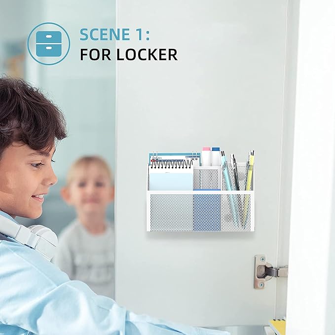 3-Grid Magnetic Pencil Holder, Strong Magnet Locker Organizer, White | Mesh Magnetic Shelf, Marker Holder Perfect for Whiteboard, Refrigerator and Locker Accessories - Image 4